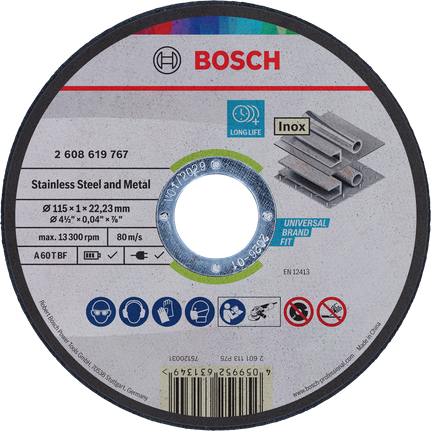 Disque à tronçonner Bosch pour acier inoxydable et métaux 115 mm.